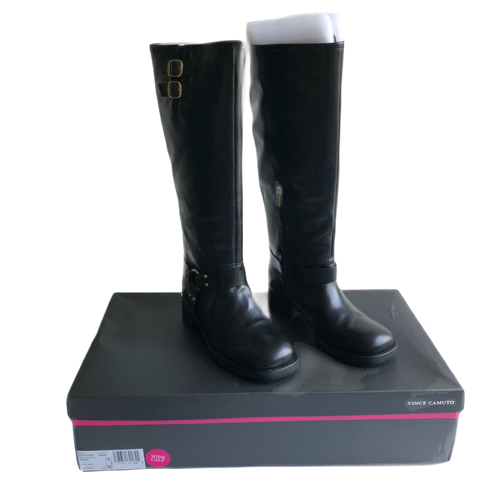 Vince Camuto Black Kaydin 2 Knee High Moto Harness Boots Size 11 Wide Calf NWT